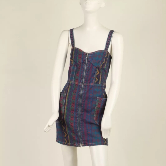 Marc By Marc Jacobs Overall Aztec Colorful Printed Denim Zip Up Mini Dress Sz 8 - Picture 3 of 16